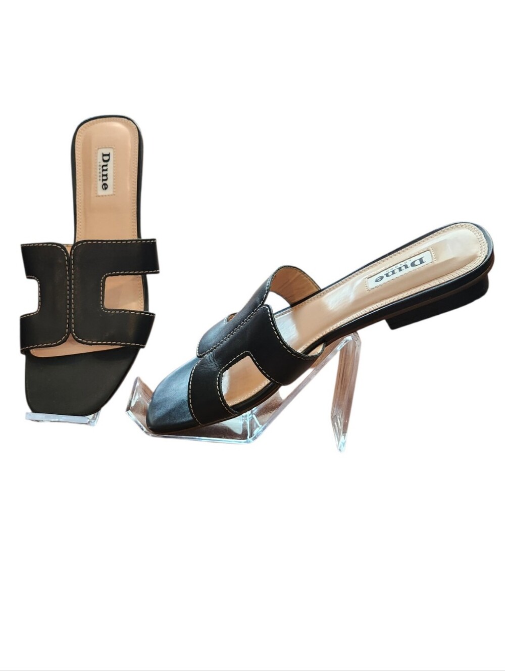 Dune London Loupe Black Leather Slide Sandals Cut Outs Smart Slider Size 38 Flat